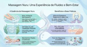 Infográfico sobre massagem Nuru destacando princípios, benefícios e boas práticas, com ilustrações de relaxamento, gel hidratante, movimentos terapêuticos e foco em conforto e segurança.