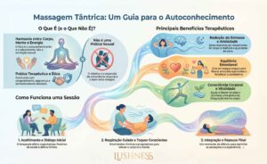 Infográfico explicativo sobre massagem tântrica terapêutica, mostrando seus princípios éticos, benefícios como redução do estresse, equilíbrio emocional e consciência corporal, além do passo a passo da sessão com acolhimento inicial, respiração guiada e integração final.