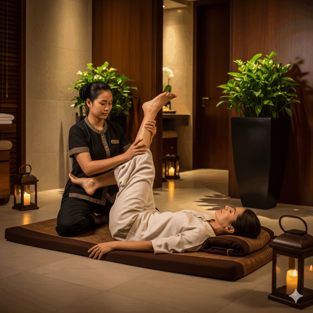 Mulher recebendo Massagem Tailandesa terapêutica no Spa Lushness em São Paulo. A sessão foca em alongamentos, flexibilidade, relaxamento e bem-estar, em um ambiente de spa tranquilo e profissional.