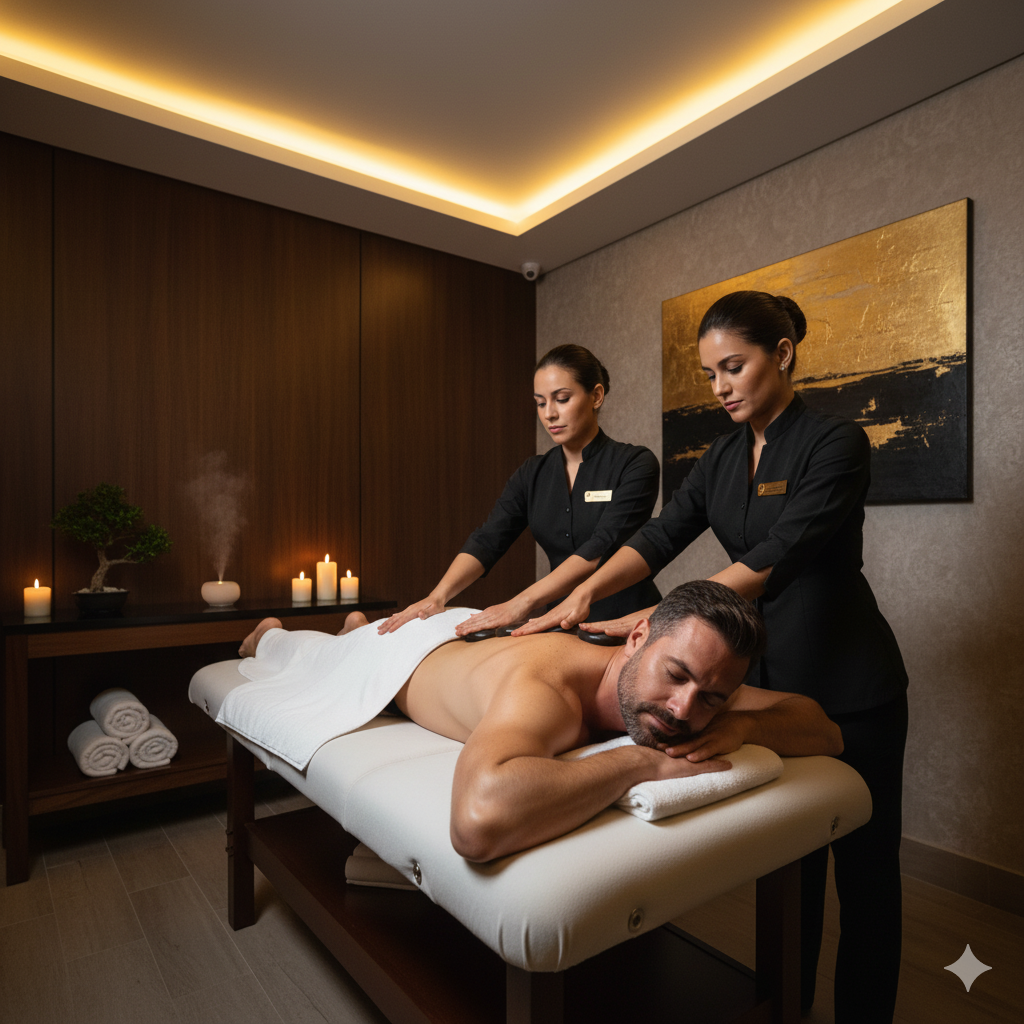 Sessão de massagem Four Hands em homem no Spa Lushness em São Paulo, com duas terapeutas aplicando pedques (pedras quentes) nas costas, promovendo relaxamento profundo e equilíbrio em um spa de alto padrão.