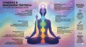 Infográfico sobre chakras e massagem tântrica, mostrando o fluxo de energia vital no corpo, a localização e função dos sete chakras — coronário, frontal, laríngeo, cardíaco, plexo solar, sacro e básico — e como a massagem tântrica atua em cada um deles para promover equilíbrio energético, liberação emocional e integração mente-corpo.