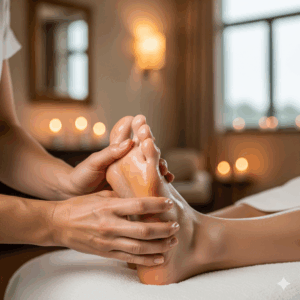 Close-up de uma massagem relaxante nos pés, com terapeuta aplicando óleo e toques suaves em um ambiente sereno de spa de luxo em São Paulo. A imagem transmite alívio de tensões e cuidado profissional.