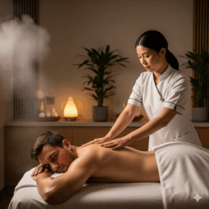 Homem desfrutando de uma massagem relaxante em um spa de luxo em São Paulo, com uma terapeuta especializada aplicando técnicas suaves nas costas para promover profundo bem-estar e alívio da tensão.