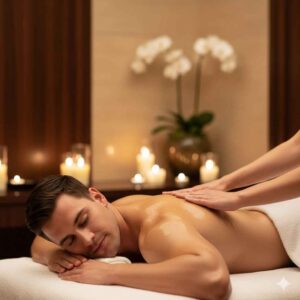 Massagem nuru com óleo em spa de luxo, terapeuta deslizando suavemente óleo aquecido nas costas do cliente para relaxamento profundo, hidratação da pele e bem-estar.