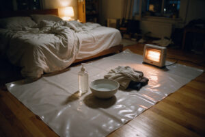 Quarto preparado para massagem Nuru em casa, com lençol impermeável no chão, gel e toalhas