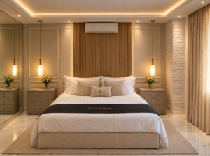 Suíte privativa com cama e iluminação indireta no Spa Lushness Moema