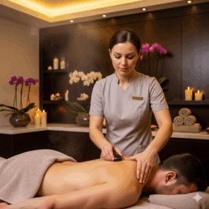 Terapeuta aplicando uma sessão de mix de massagem com pedras quentes em um homem, em um ambiente de spa de luxo do Spa Lushness em São Paulo, focado em relaxamento profundo e bem-estar.