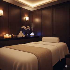 Ambiente sereno e luxuoso de uma sala de massagem no Spa Lushness em São Paulo, com maca preparada para um mix de massagem, velas acesas e difusor de aromas para uma experiência completa.