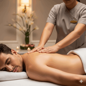 Close-up de homem recebendo massagem em ambiente de spa de luxo em São Paulo. A massagem foca no relaxamento e na conexão corporal, sendo uma alternativa profissional para quem busca por "massagem erótica" com foco em bem-estar.