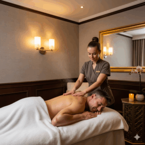 Homem recebendo uma Massagem Masculina terapêutica no luxuoso Spa Lushness em São Paulo, focada em alívio de tensões, relaxamento profundo e bem-estar. A imagem transmite profissionalismo e tranquilidade.