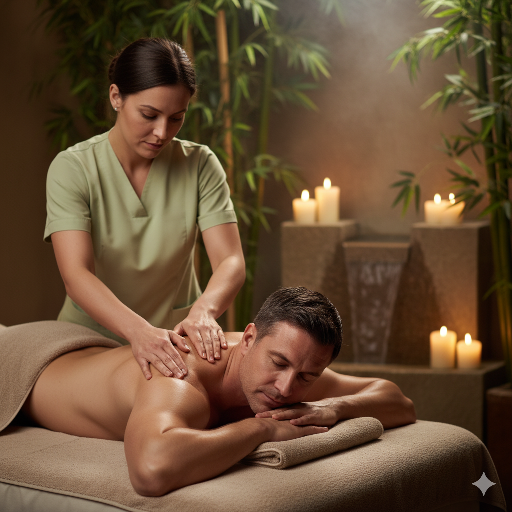 Homem recebendo massagem relaxante no Spa Lushness