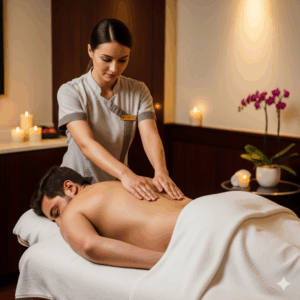 Homem recebendo uma Massagem Sensual terapêutica no Spa Lushness em São Paulo, focada no despertar dos sentidos e no bem-estar. A imagem transmite relaxamento e profissionalismo em um ambiente de luxo.