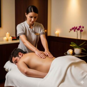 Homem recebendo uma Massagem Sensual terapêutica no Spa Lushness em São Paulo, focada no despertar dos sentidos e no bem-estar. A imagem transmite relaxamento e profissionalismo em um ambiente de luxo.