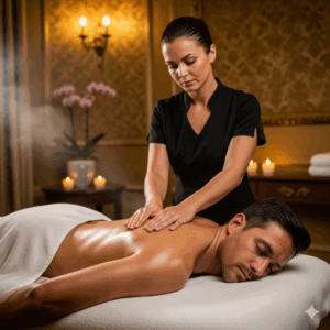 Sessão de Massagem Sensual no luxuoso Spa Lushness em São Paulo, onde um homem desfruta de uma terapia que promove a conexão com o corpo e a tranquilidade em um ambiente elegante e sereno.