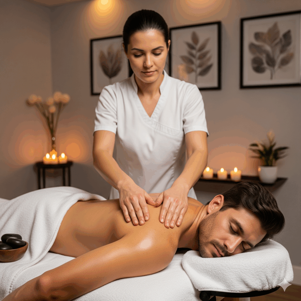 Homem recebendo uma Massagem Lingam terapêutica no Spa Lushness em São Paulo, com foco em restaurar o fluxo de energia e a vitalidade masculina. A imagem representa o bem-estar e o toque consciente.