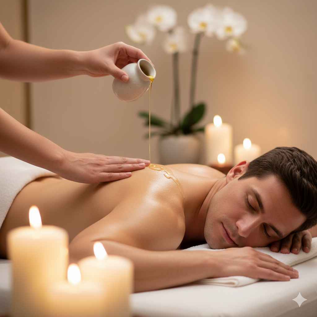 Massagem com óleo quente em spa de luxo, terapeuta aplicando óleo aquecido nas costas para relaxamento profundo e alívio das tensões musculares.