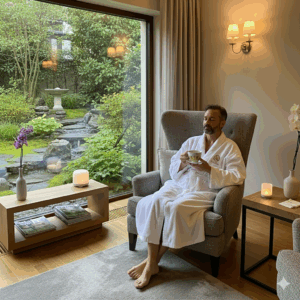 Homem relaxando em um lounge de spa de luxo em São Paulo, vestindo um roupão, com uma expressão serena após a massagem. O ambiente é sofisticado, com vista para um jardim tranquilo e um copo de chá de ervas.