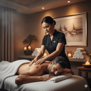 Homem recebendo uma massagem profissional em um ambiente de spa premium, com a terapeuta aplicando toques nas costas. A imagem transmite relaxamento e o serviço de alta qualidade do Spa Lushness.