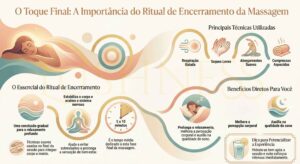 Infográfico sobre o ritual de encerramento da massagem, com estética suave em tons de bege, verde e dourado. A imagem apresenta uma mulher relaxando e explica a importância do toque final, destacando técnicas como respiração guiada, toques leves, alongamentos suaves e compressas aquecidas. Mostra também elementos visuais como ícones de meditação, relógio indicando 5 a 10 minutos, pessoa dormindo e símbolos de bem-estar. O conteúdo reforça benefícios como estabilização do sistema nervoso, prolongamento do relaxamento, melhora da percepção corporal e auxílio na qualidade do sono, além de uma dica de hidratação pós-sessão. A composição mantém estilo minimalista, acolhedor e profissional.