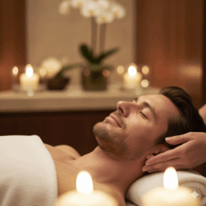 Homem em massagem com finalização relaxante em spa de luxo. Close-up do rosto do homem, de olhos fechados, com expressão de profundo bem-estar. Ambiente sofisticado com iluminação suave de velas e flores brancas desfocadas, transmitindo um clima acolhedor e profissional.
