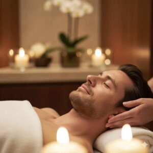 Homem em massagem com finalização relaxante em spa de luxo. Close-up do rosto do homem, de olhos fechados, com expressão de profundo bem-estar. Ambiente sofisticado com iluminação suave de velas e flores brancas desfocadas, transmitindo um clima acolhedor e profissional.