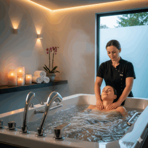 Mulher recebendo massagem relaxante na hidro em um spa de luxo em São Paulo, desfrutando da combinação de água e toques terapêuticos em um ambiente sereno com velas.