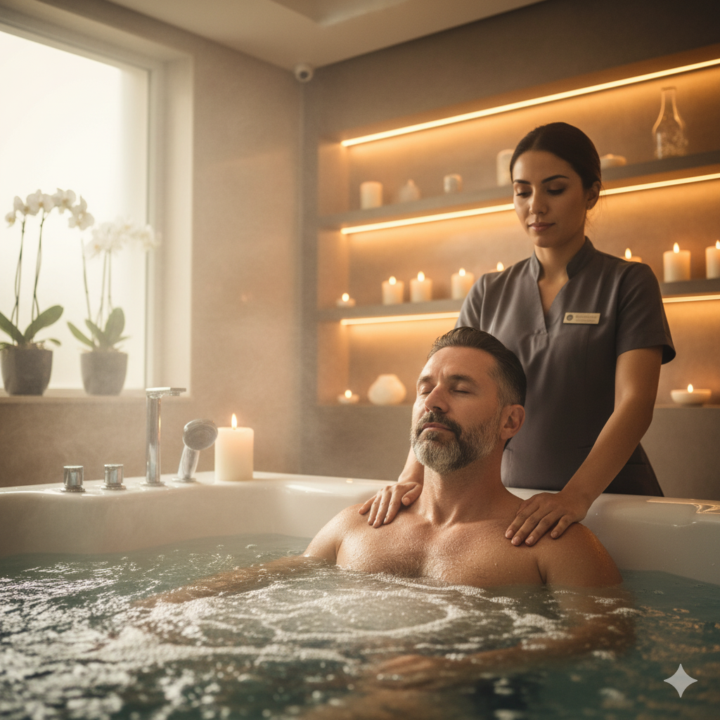 Homem relaxando com massagem na hidro em um ambiente sofisticado do Spa Lushness em São Paulo, com a terapeuta aplicando toques nos ombros para alívio de tensões.