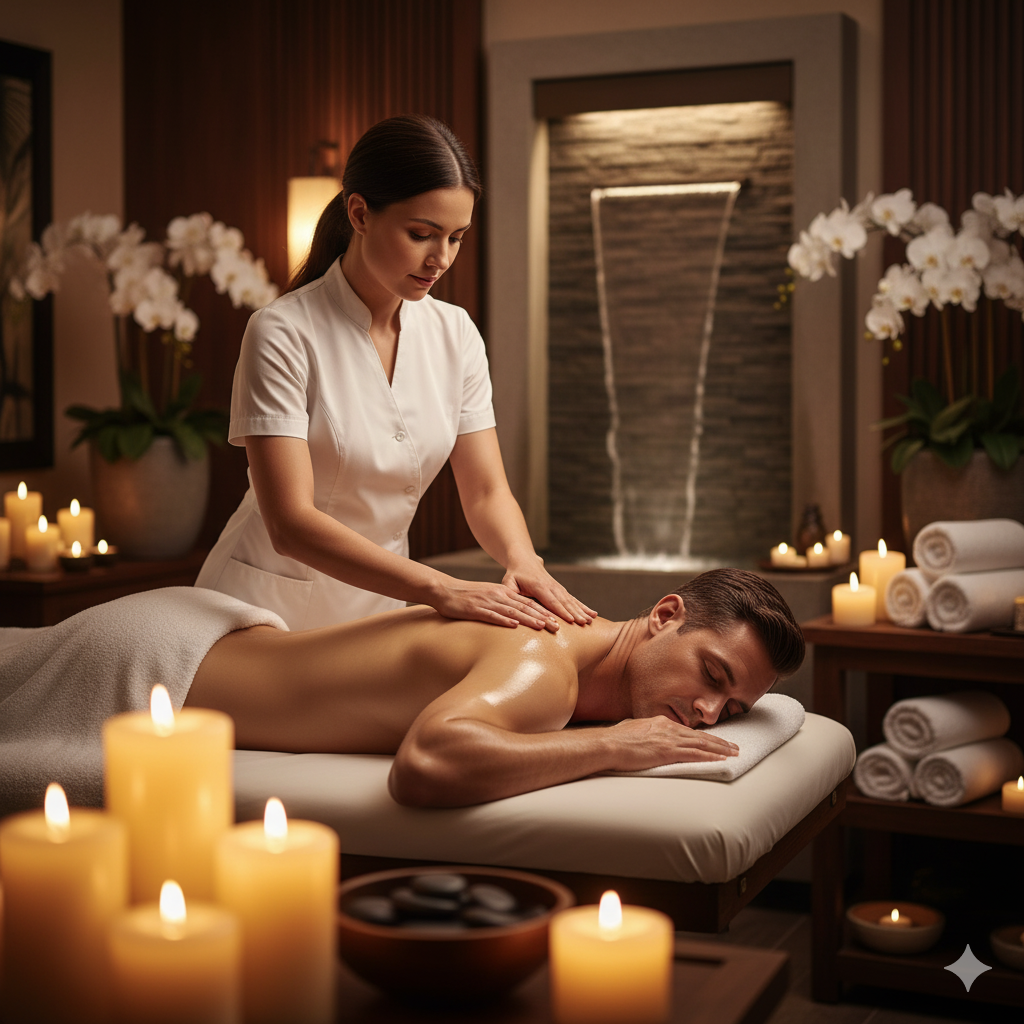 Cena relaxante de massagem sensitive em um spa sofisticado, com terapeuta aplicando toques delicados nas costas de um cliente, em ambiente acolhedor iluminado por velas.