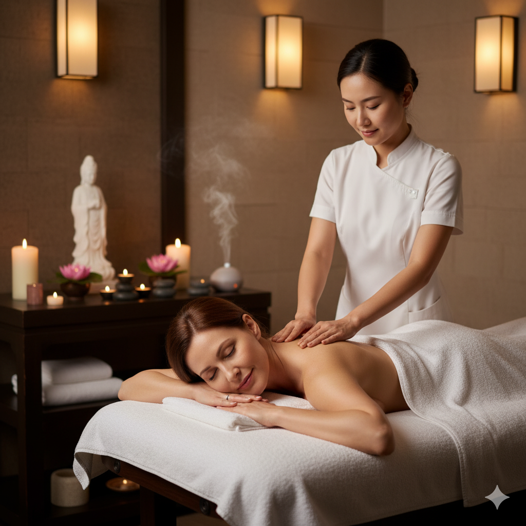 Mulher recebendo Massagem Yoni terapêutica no Spa Lushness em São Paulo. A sessão foca no autoconhecimento, na liberação de bloqueios emocionais e no bem-estar feminino em um ambiente sereno.