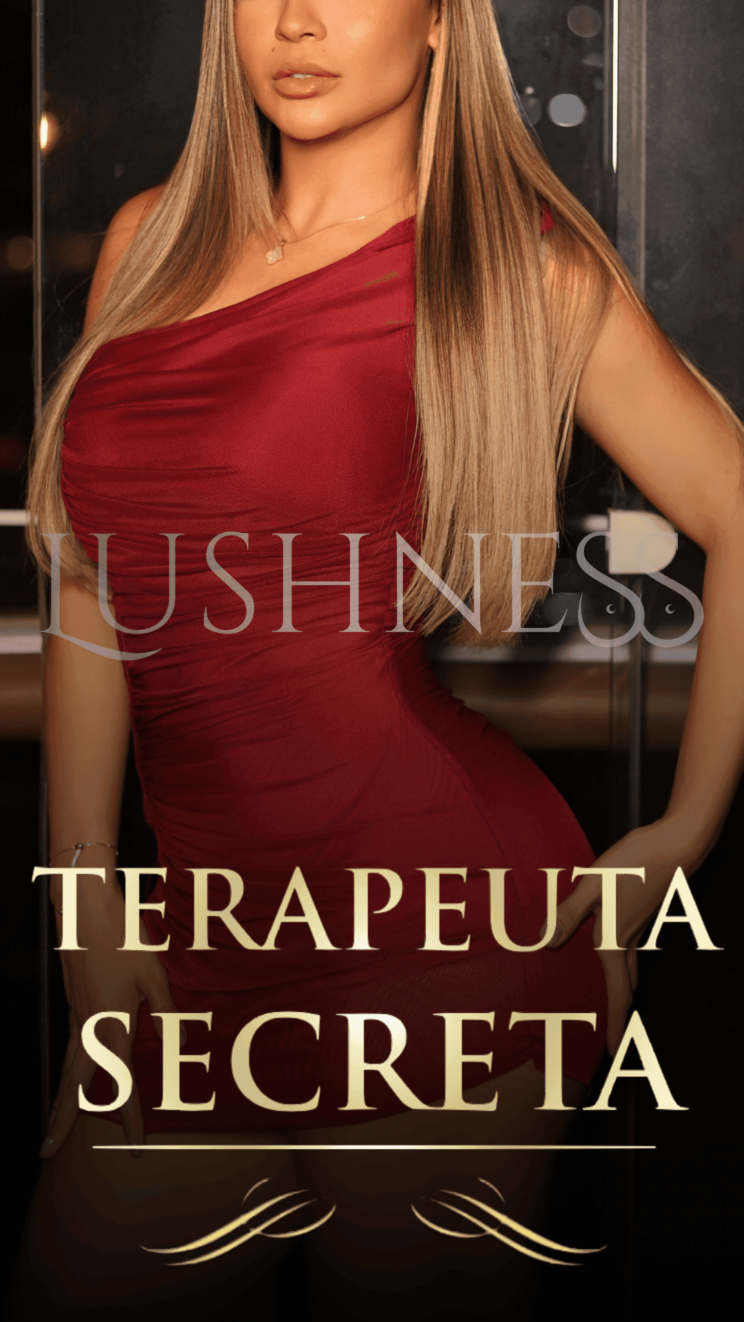 Mulher em um vestido vermelho com longos cabelos loiros, o texto diz Lushness Terapeuta Secreta.