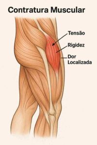Infográfico anatômico mostrando contratura muscular na coxa, com destaque em vermelho no músculo contraído e setas indicando tensão, rigidez e dor localizada.