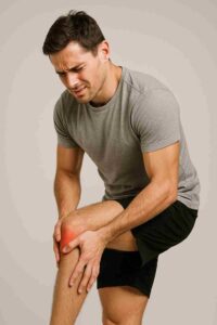 Homem jovem com roupa esportiva sentado em ambiente neutro, segurando a panturrilha com expressão de dor, representando contratura muscular.