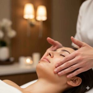 Close-up de terapeuta aplicando massagem facial com movimentos suaves.