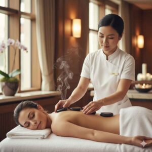 terapeuta posicionando manualmente pedras quentes sobre as costas de cliente, mostrando cuidado profissional.