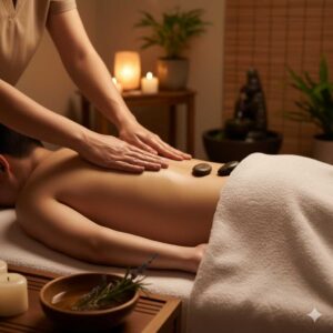 Terapeuta aplicando massagem terapêutica nas costas em ambiente de spa com pedras aquecidas e luz suave.