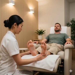 terapeuta aplicando pressão nos pés de cliente sentado em poltrona confortável, ambiente relaxante e neutro.