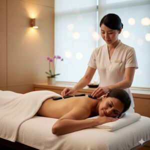 cliente deitado em maca recebendo aplicação de pedras de basalto aquecidas nas costas, ambiente sofisticado de spa de luxo.