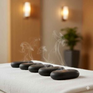 close-up de pedras de basalto aquecidas sobre toalha branca, com vapor leve, em ambiente de spa.
