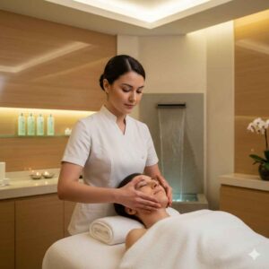 Massagem facial aplicada em spa de luxo para relaxamento e bem-estar.