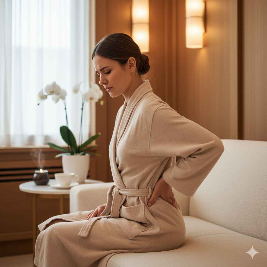 cliente sentado com mão apoiada na lombar, em ambiente de spa de luxo, expressão neutra de desconforto.
