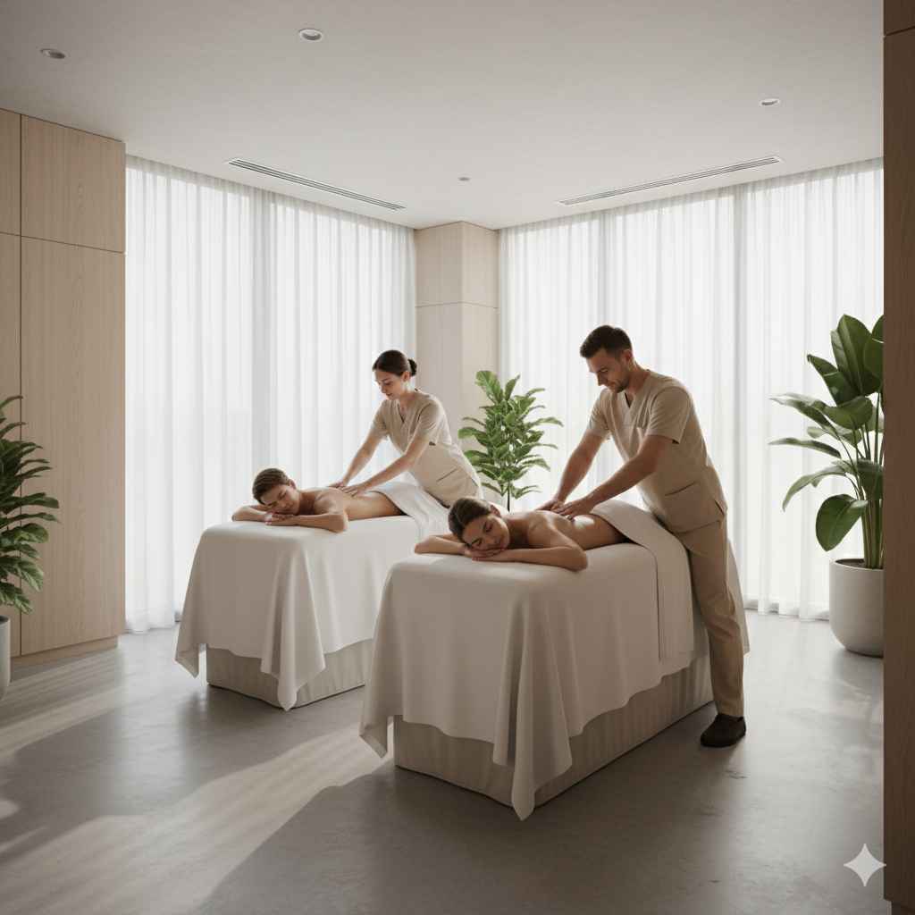 Casal recebendo massagem relaxante em spa moderno, com luz natural, tons neutros e ambiente de harmonia e bem-estar._11zon