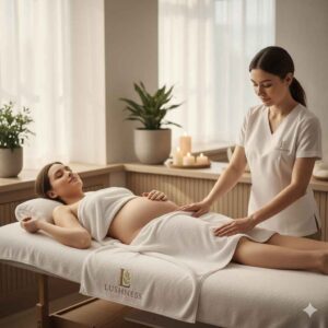 Gestante recebendo drenagem linfática no spa Lushness com ambiente acolhedor e iluminação suave