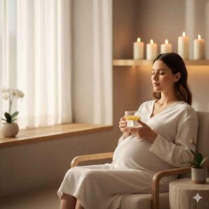 Gestante relaxando em ambiente de spa com atmosfera tranquila e sofisticada, representando autocuidado