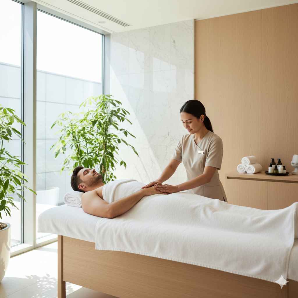Homem deitado na maca recebendo uma massagem relaxante em um spa de luxo