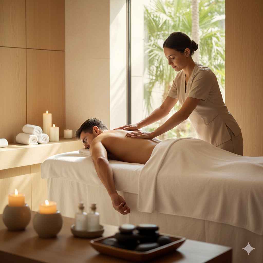 Homem deitado recebendo massagem relaxante nas costas em um spa de luxo, com iluminação natural suave, toalhas brancas e atmosfera tranquila e profissional.