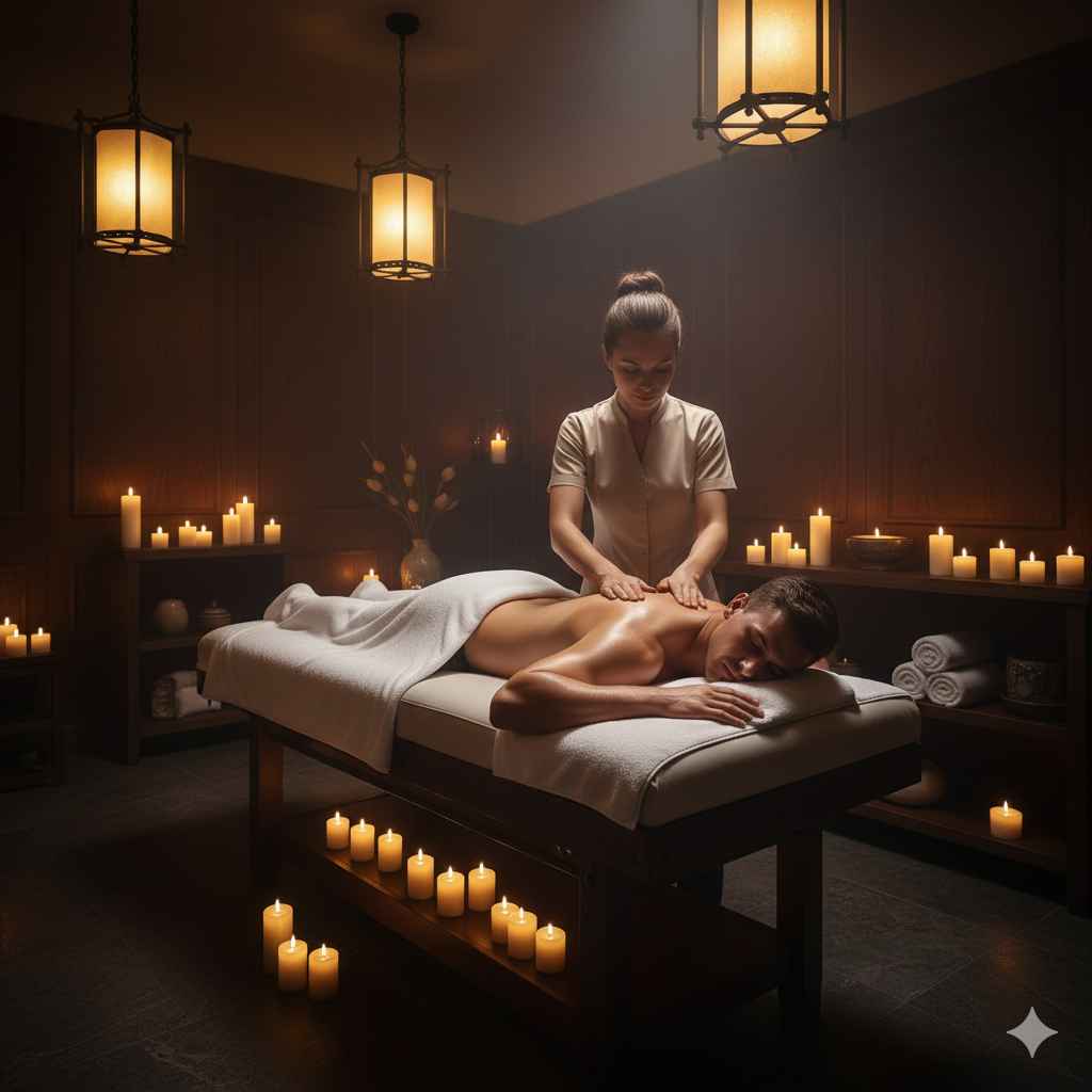 Homem recebendo massagem relaxante à noite em spa iluminado por velas e luz ambiente suave._3