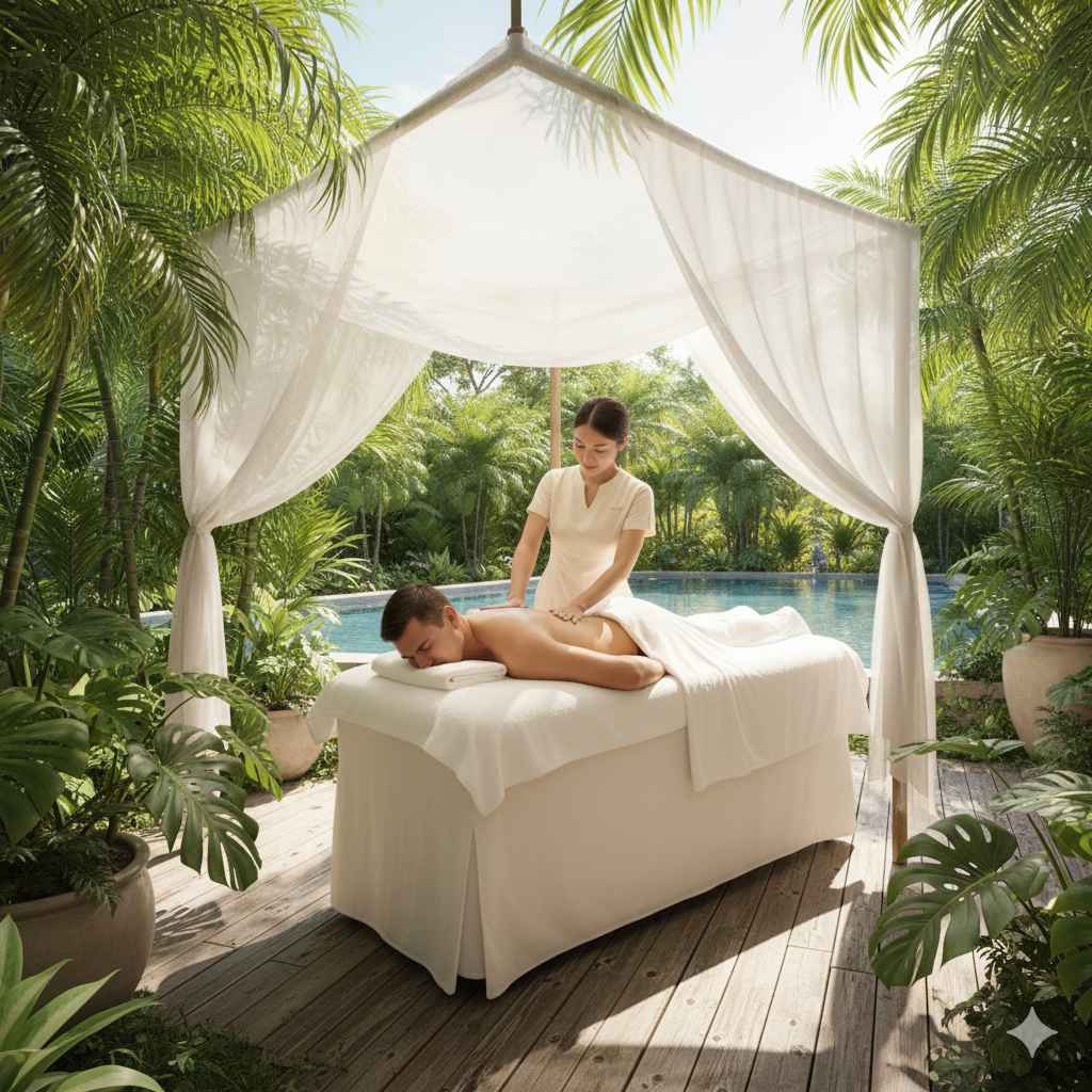 Homem recebendo massagem relaxante ao ar livre, cercado por natureza e ambiente de spa sofisticado._4_11zon