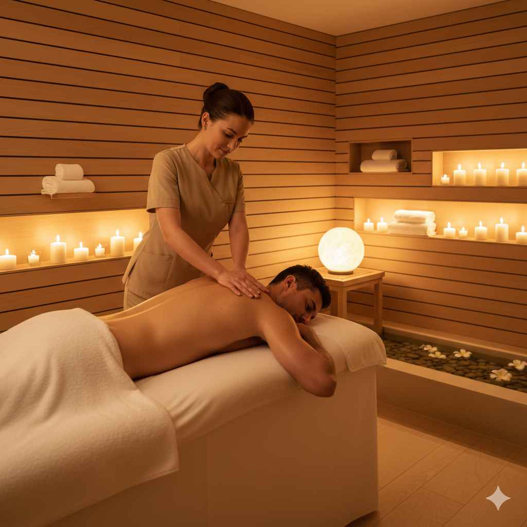 Homem recebendo massagem tântrica em São Paulo em um spa de luxo, com iluminação suave, velas acesas e atmosfera relaxante que transmite bem-estar e tranquilidade.