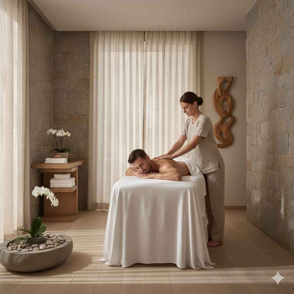 Homem recebendo massagem relaxante em spa com elementos naturais e luz suave, transmitindo harmonia e bem-estar._1_11zon