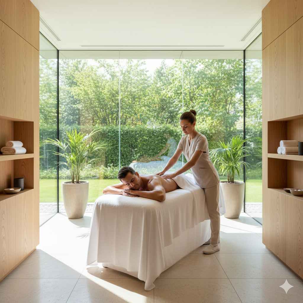 Homem recebendo massagem relaxante em spa com vista para o jardim, em ambiente iluminado e natural._8_11zon